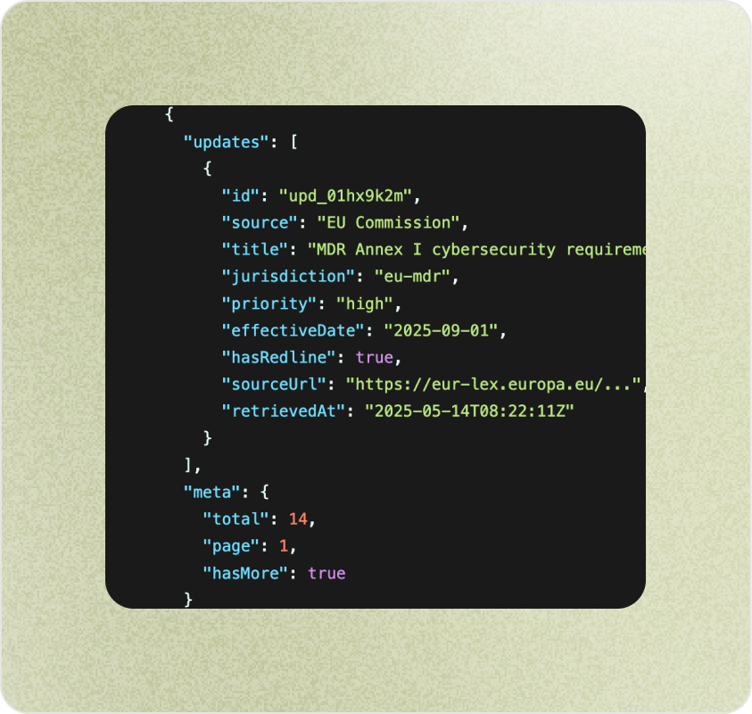 Qalico REST API JSON response with regulatory update fields