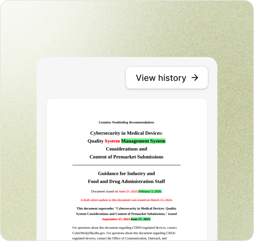 Qalico document history view with timestamped regulatory source capture