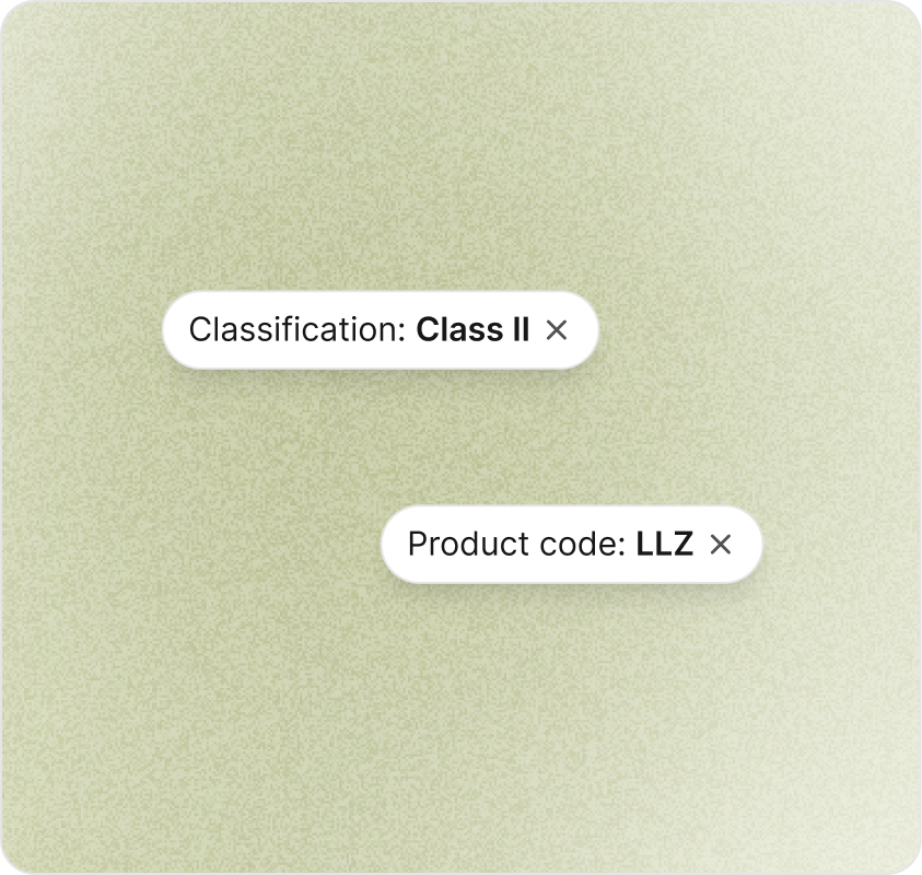 Portfolio filter showing Classification Class II and Product code LLZ