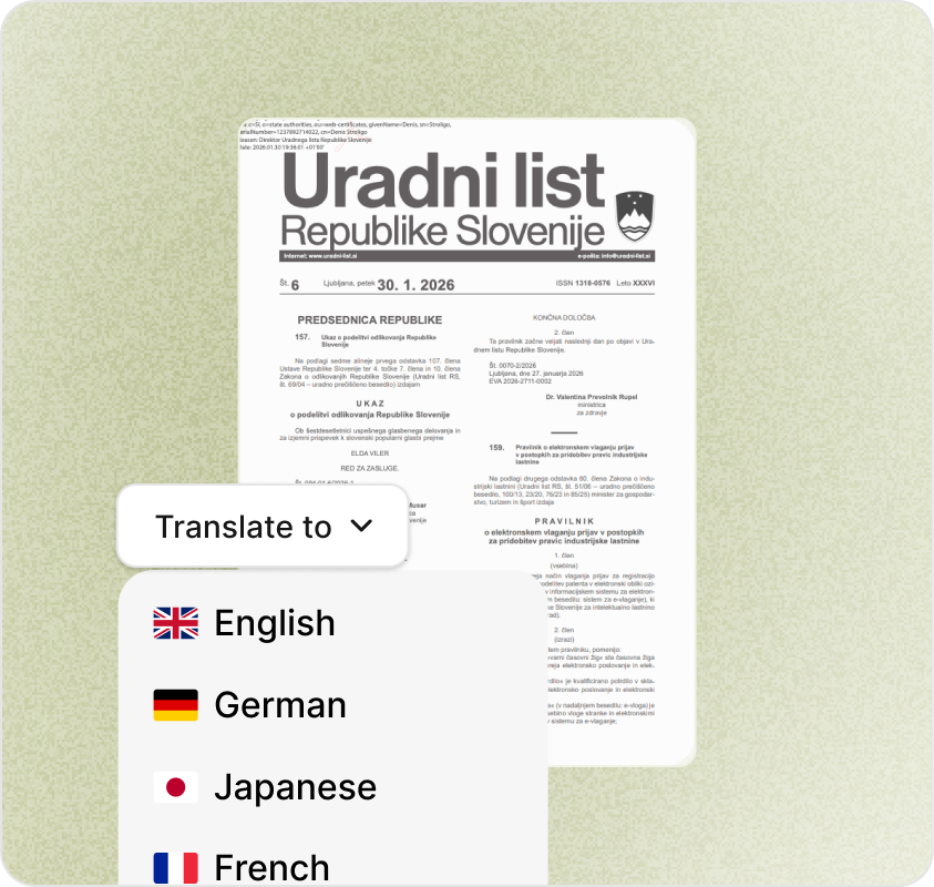 Slovenian regulatory document with language selector showing English, German, Japanese, French