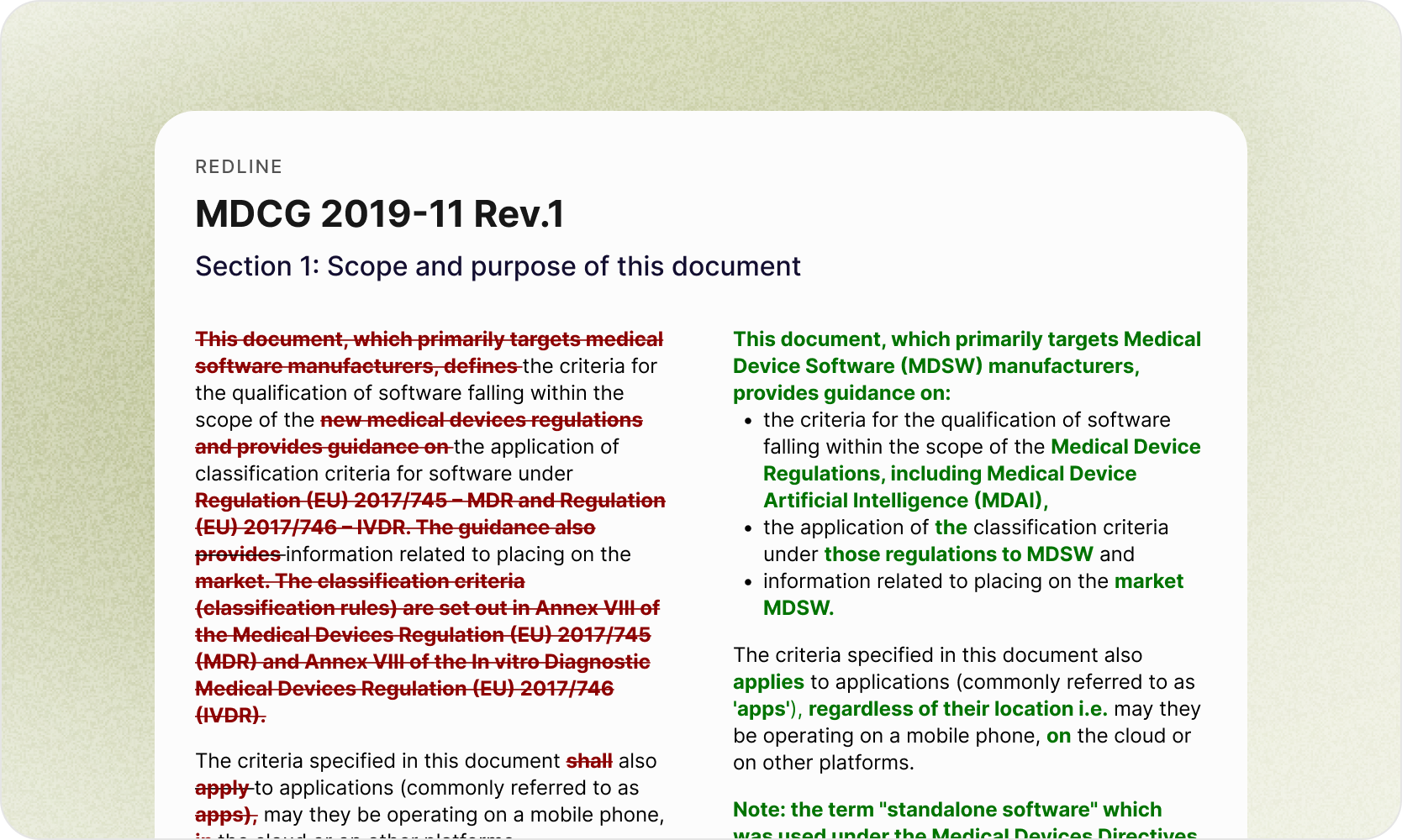 Side-by-side redline of MDCG 2019-11 Rev.1 showing insertions and deletions