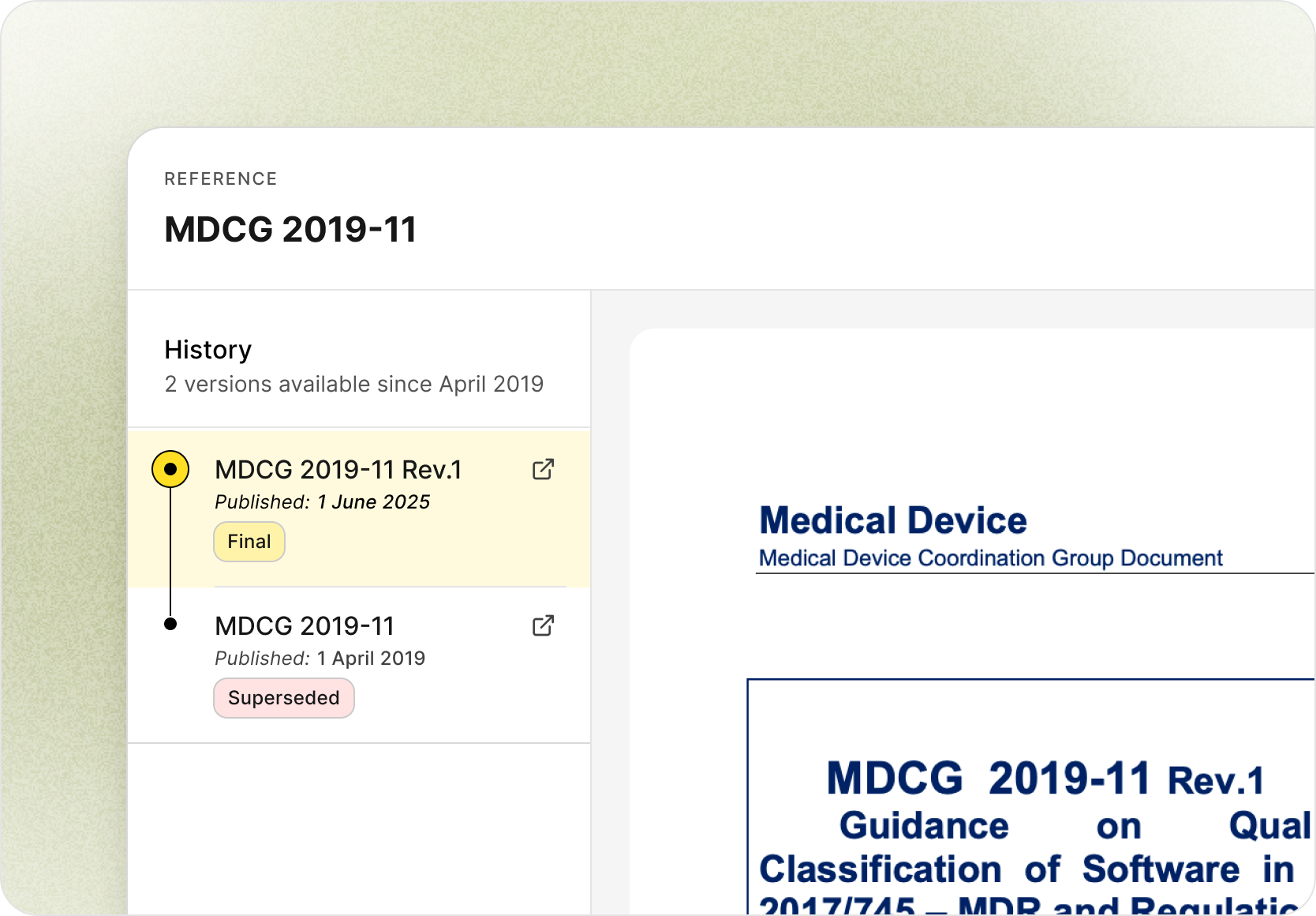 Version history timeline for MDCG 2019-11 showing all revisions since April 2019