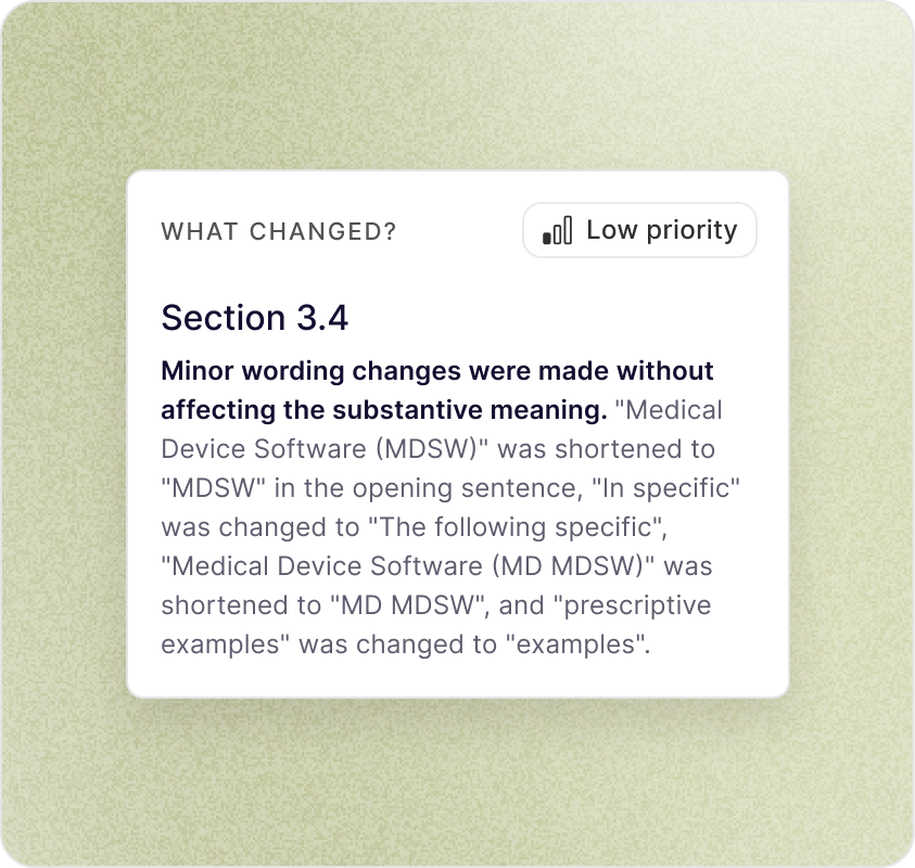 What changed panel showing Low priority semantic change in Section 3.4