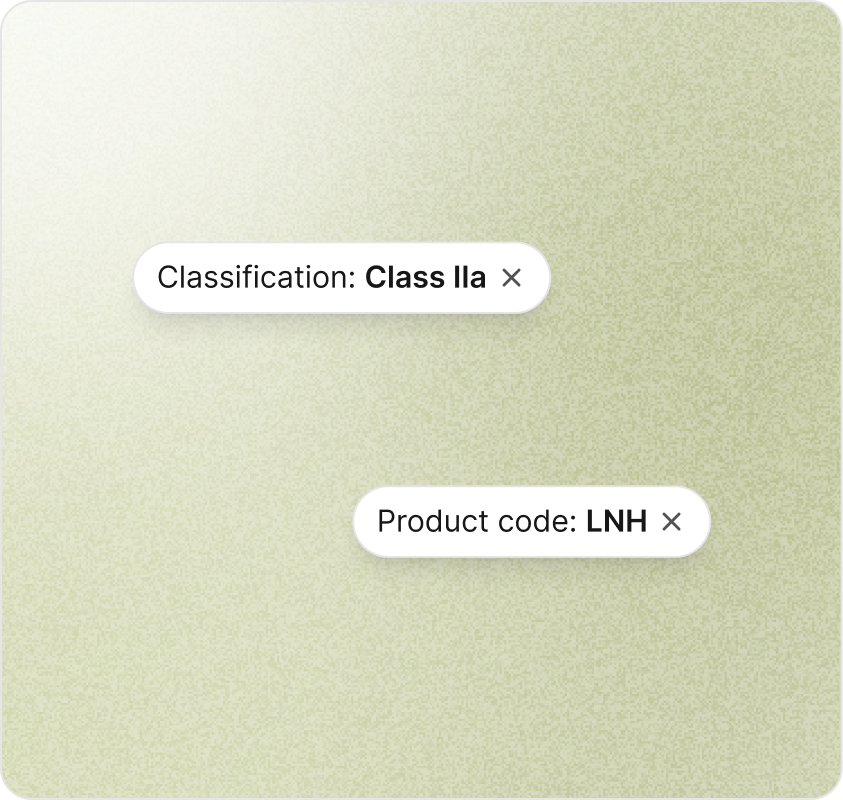 Portfolio filter showing Classification Class IIa and Product code LNH