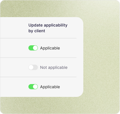 Per-client applicability toggles in Qalico workspace