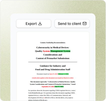 White-labeled impact assessment export with Send to client and Export buttons