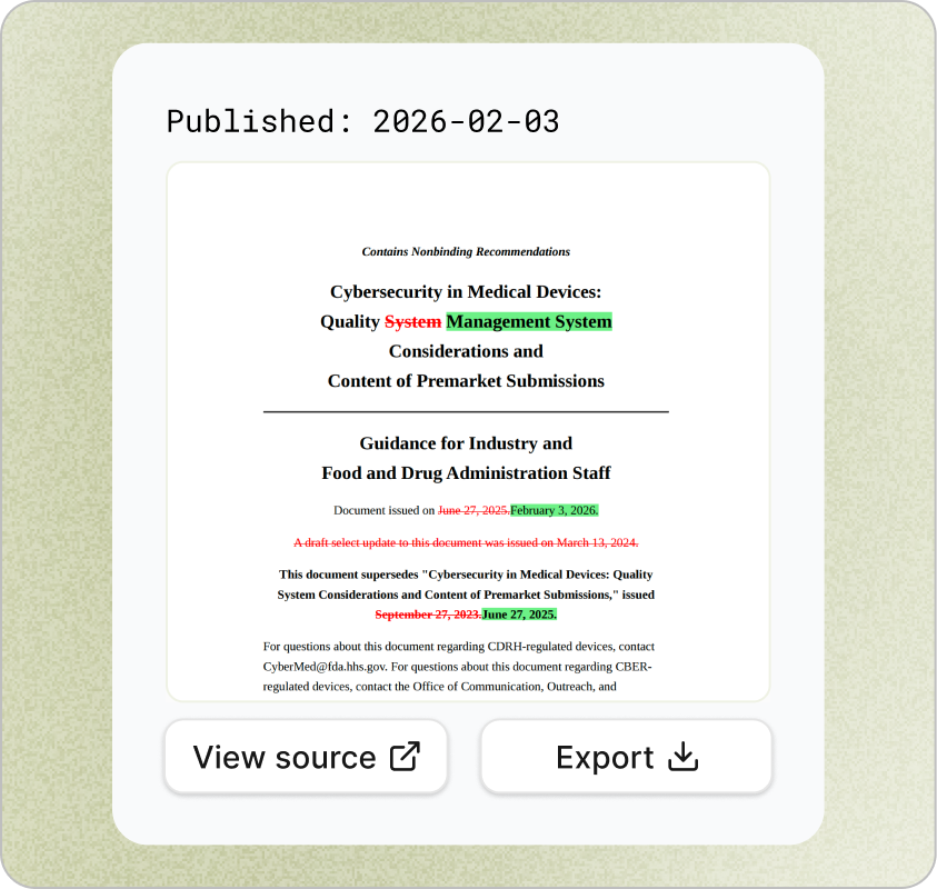 Audit trail showing sourced regulatory updates with timestamps